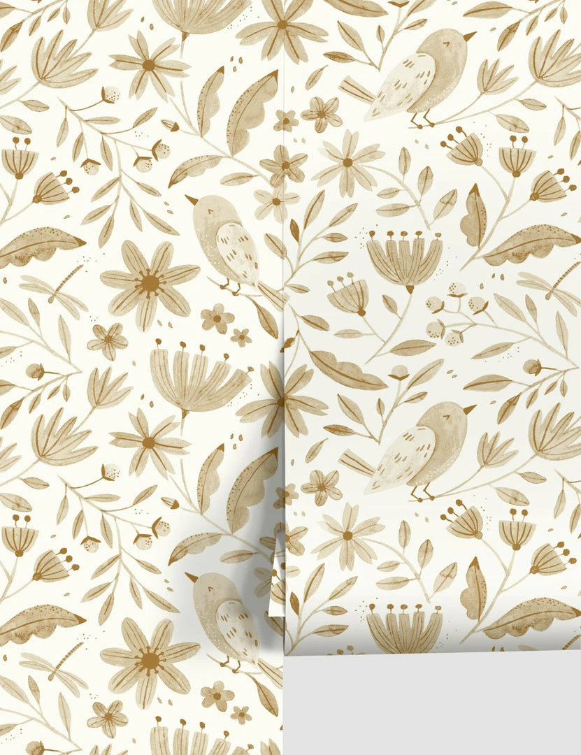 Lulu And Georgia Earth Tones Garden Birds Wallpaper By Rylee + Cru